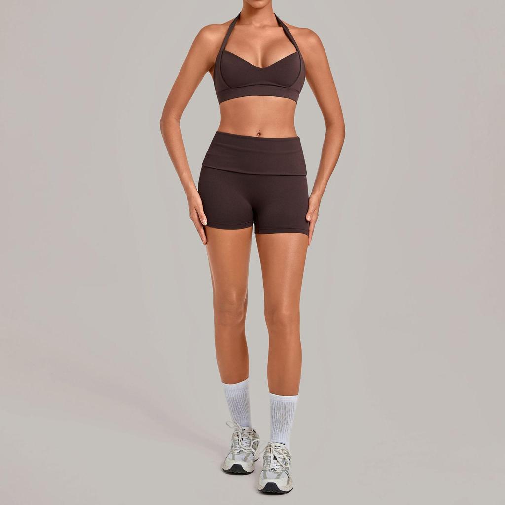 Women's Halter Backless Pleated Yoga Set - Tight Fit, Hip-Revealing Sportswear
