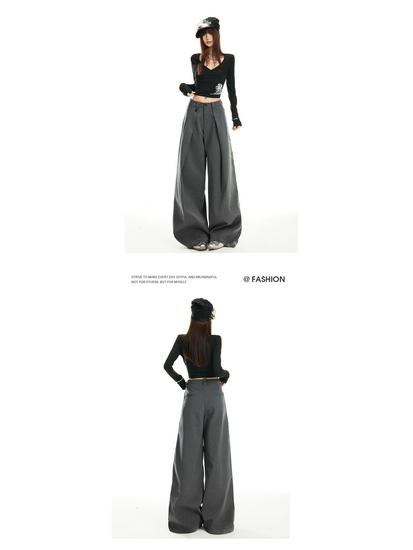 Gray Striped Wide-Leg High-Waisted Women's Pants - 2026 Spring Arrival, Straight and Slimming Versatile Suit Style.