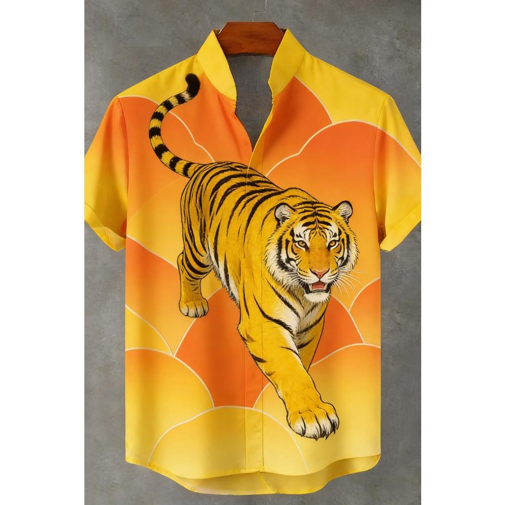 2026 Мужская Новая Натуральная Льняная Повседневная Рубашка с 3D-Печатью Узора Тигра и Феникса Гавайская Одежда с Короткой Рукавой для Мужчин для Активного Отдыха на Открытом Воздухе 4XL