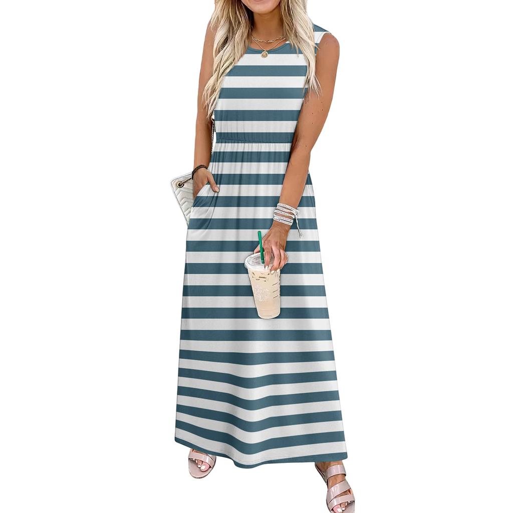 Ladies' striped printed casual and fashionable waist cinched sleeveless dress