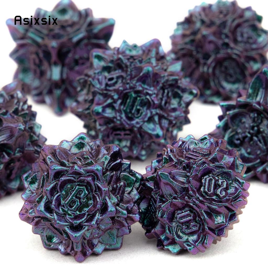 7-teiliges Würfelset aus Metall mit violetten grünen Lotusblüten, massives Polyeder-Würfelset aus Metall, geeignet für Rollenspiele, RPG-Brettspiele, Kartenspiele