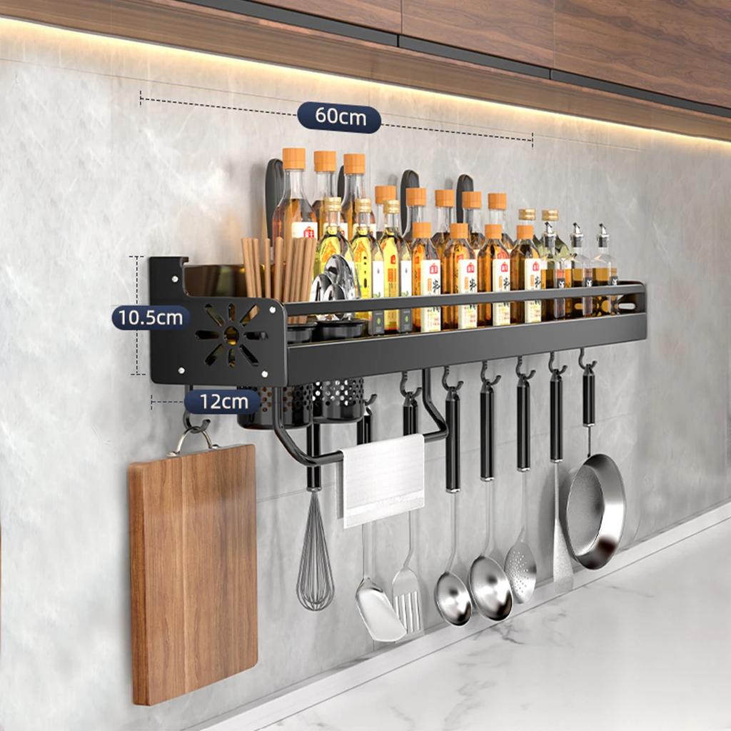 Black Wall Mounted No-Punch Large Capacity Storage Utensils Metal Kitchen Shelf Skeletonized Drainage Design Easy To Clean