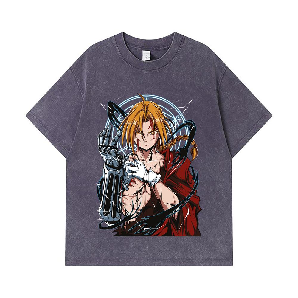 275 GSM Washed T-shirts 100% Cotton Fullmetal Alchemist V6 Edward Print Unisex Heavy Cotton T Shirt