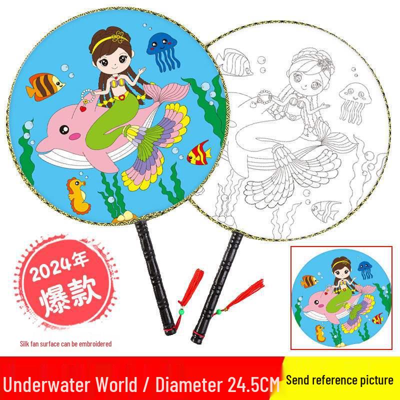 DIY Children's Silk Cloth Round Fan with Bamboo Handle - Palace Style Hand-Painted Kindergarten Craft