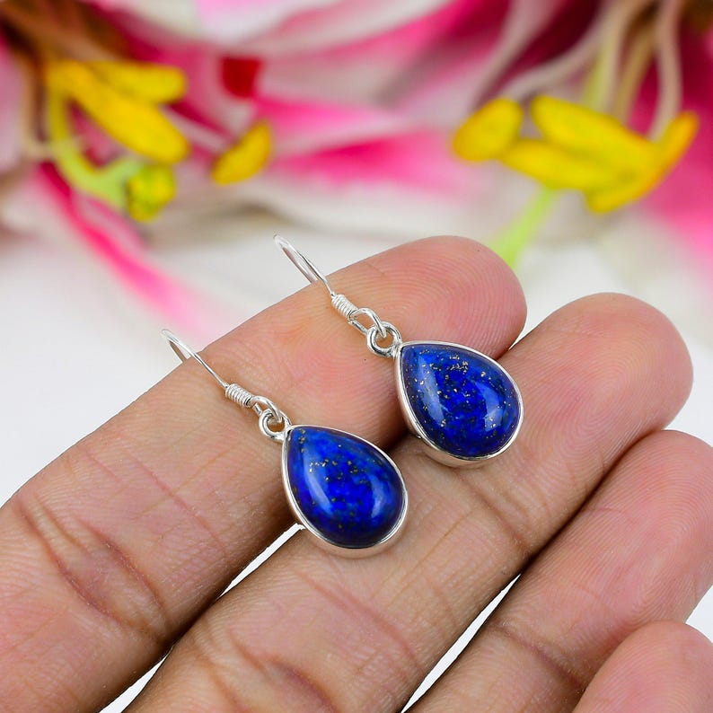 Massives 925 Sterling Silber Lapislazuli Birne Cabochon Edelstein handgefertigt Damen Hängeohrringe