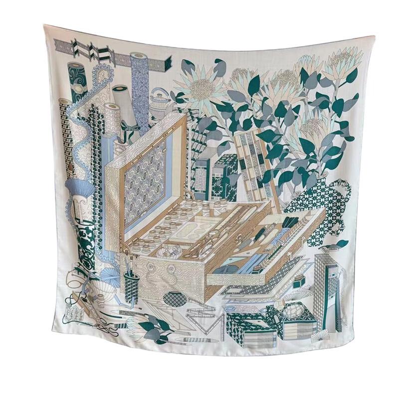 NINA SOLOR Painter's Treasure Chest Silk Wool Square Scarf