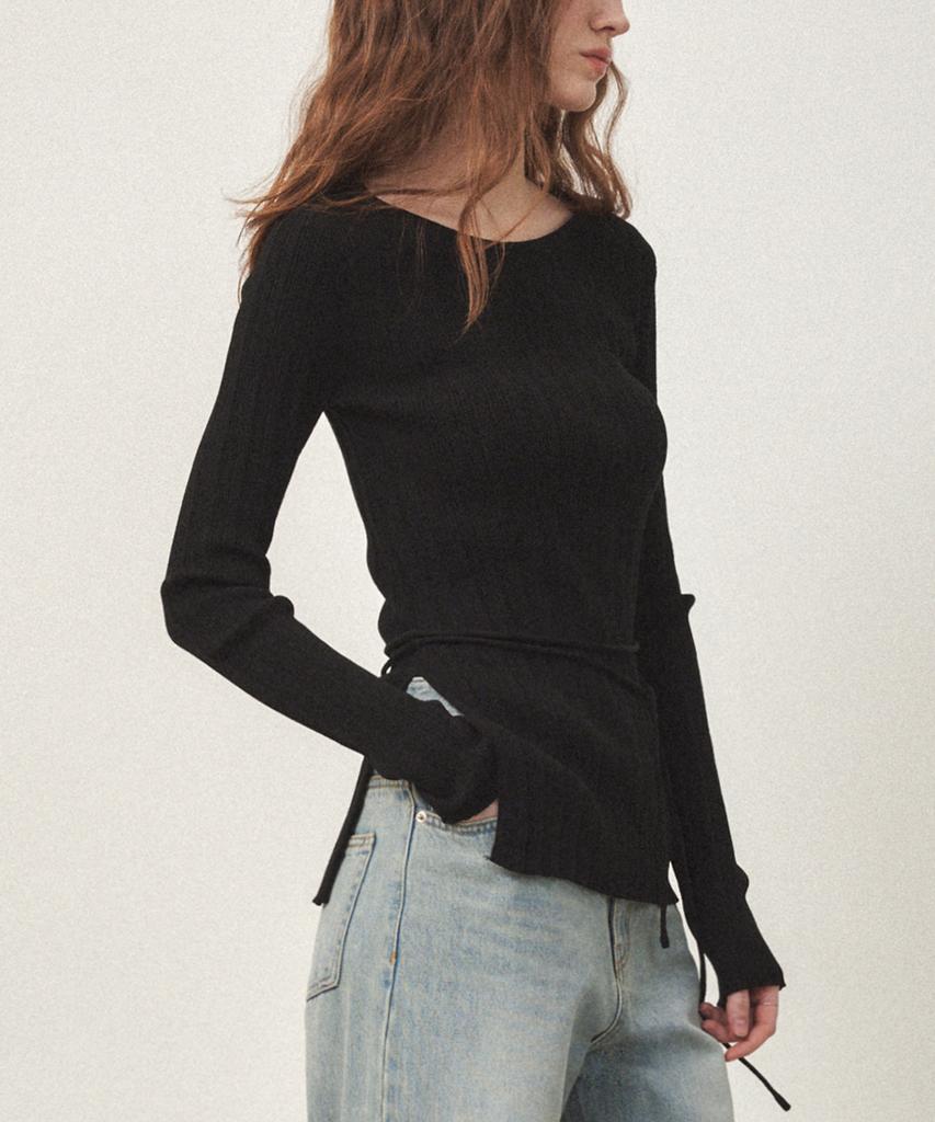 OSTKAKA Cotton Boat Neck Ribbed Pullover Black