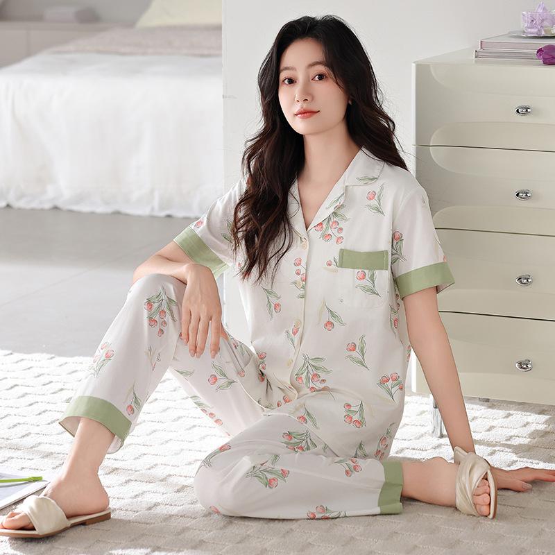 Pajamas women's summer cotton short-sleeved trousers thin summer 1011 new large-size summer cardigan loungewear