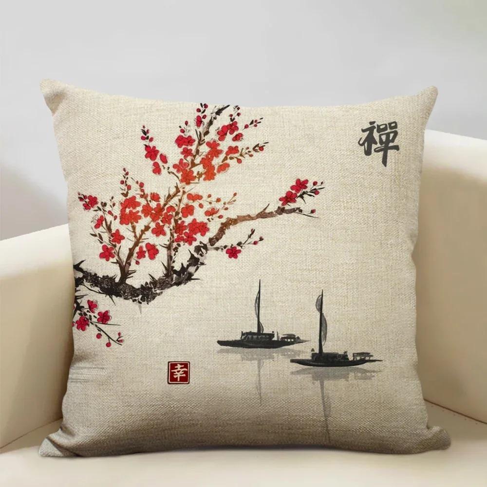 Home Decor Japanese Scenes: Cherry Blossoms & Mt. Fuji Pattern Cushion Cover Suitable for Sofa Bedroom Car Pillow Cover