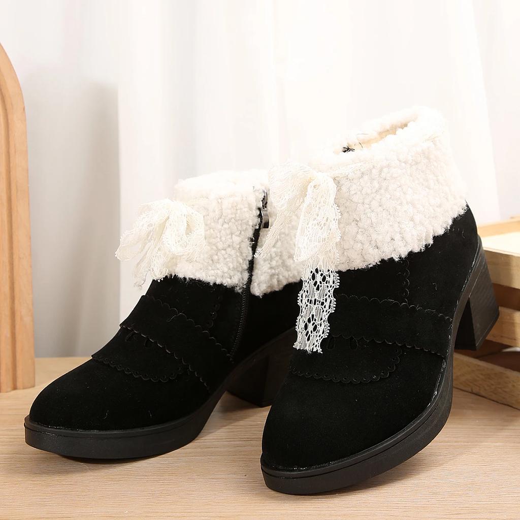 Fashion Winter Women Fur Snow Ankle Boots Suede High Heels Shoes Designer 2025 New Short Plush Warm Shoes Chelsea Goth Pumps Botas Mujer