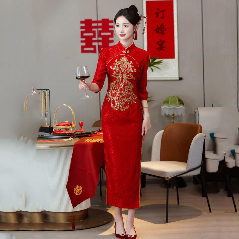 Phoenix Embroidery Red National Style New Chinese Long Sleeve Improved Cheongsam Women's Premium Bridal Toast Engagement Dress