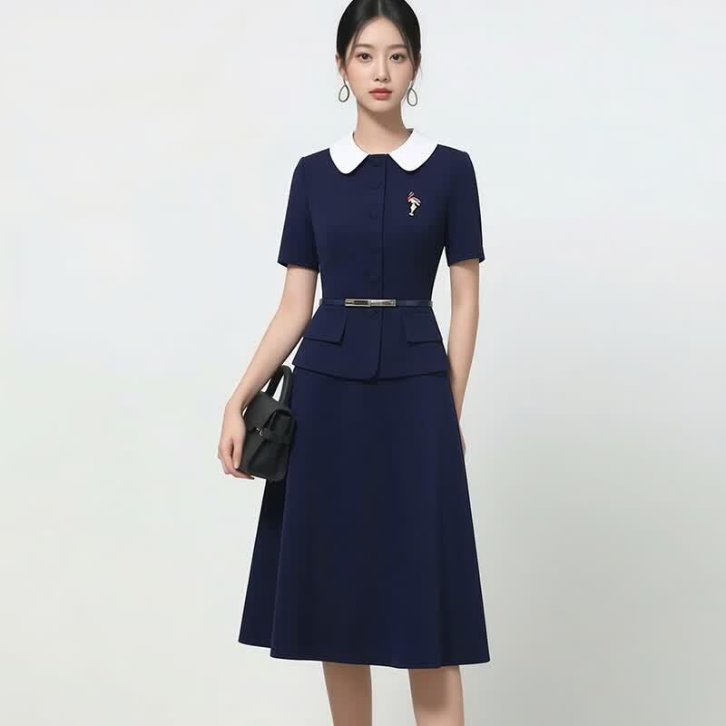 Tluoman Women's Doll Collar Business Suit Skirt Set