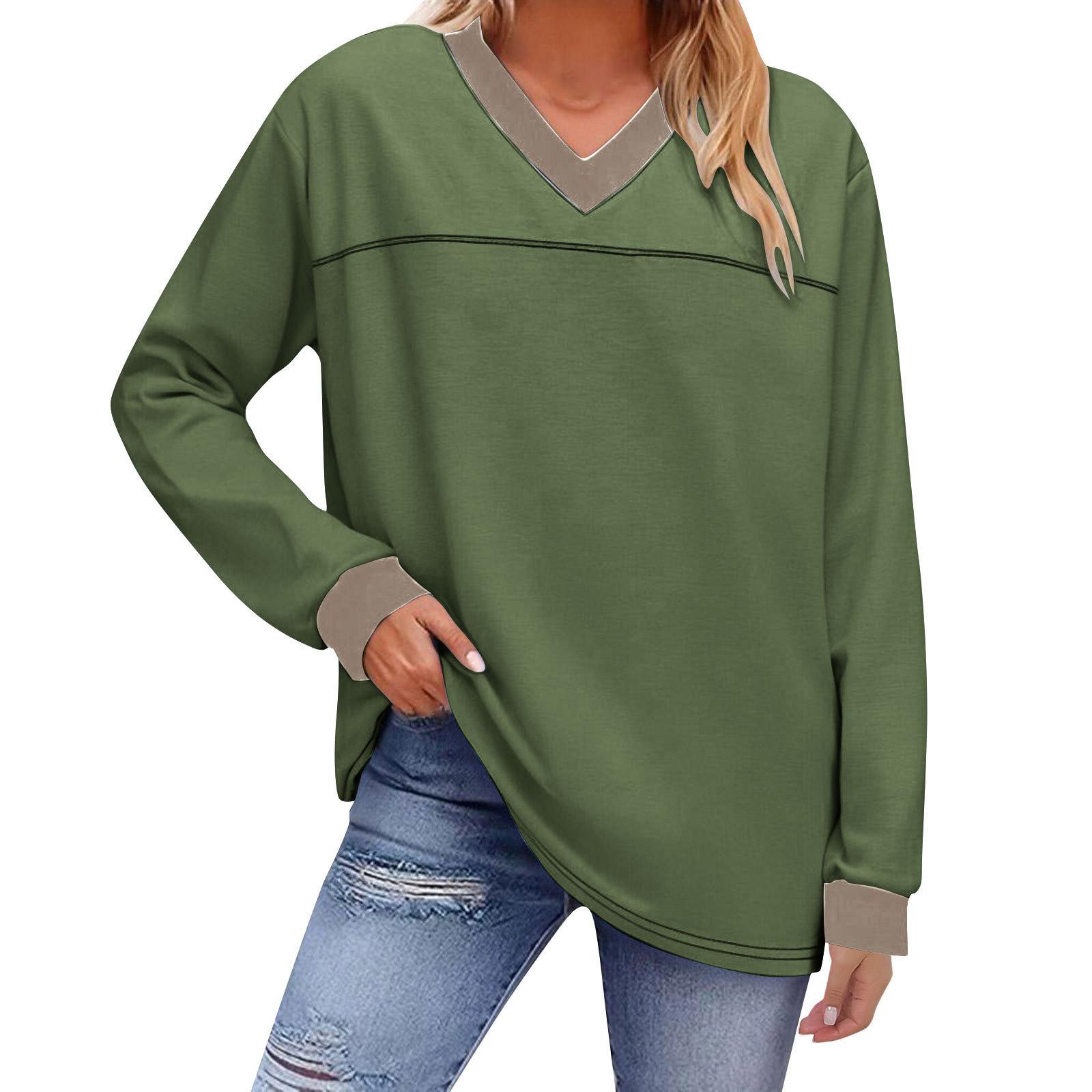 Fashionable Women s Loose Colorblock V-neck Long-sleeved Top L армия зеленый