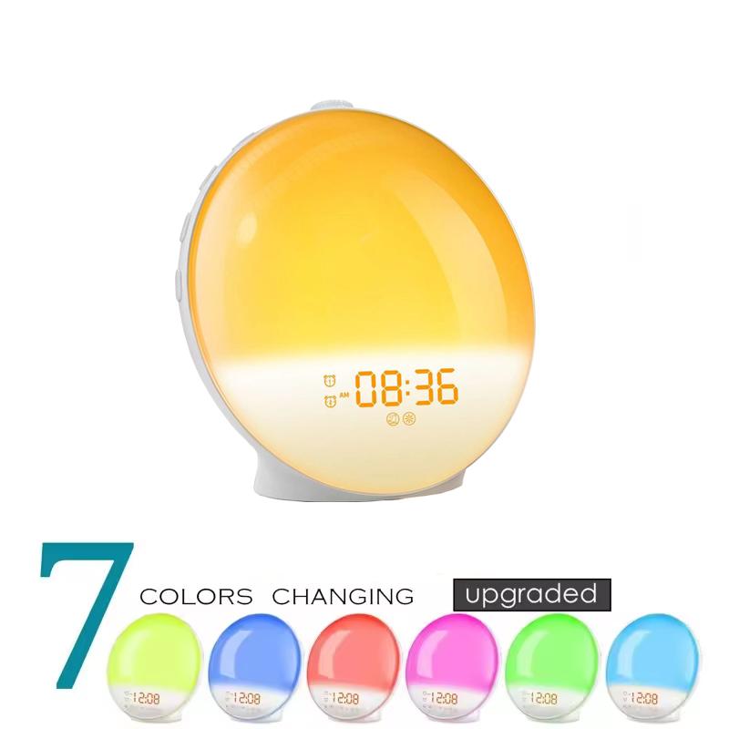 7 Colors Light Sunrise Sunset Simulation Light White Noise Alarm Clock With FM Radio Digital Clock Atmosphere Lamp Wake Up Light