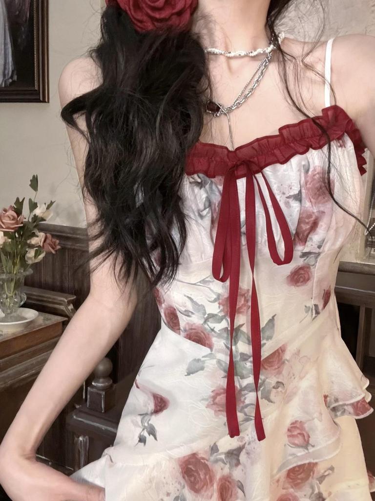 French Ruffle Floral Camisole Dress - Irregular Stunning Seaside Style, Waist-Cinching, Summer Vacation-Ready.