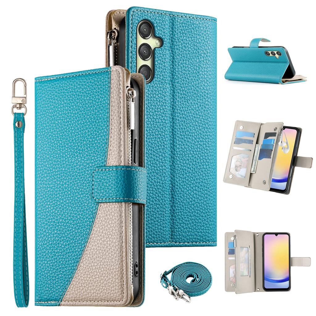 For Samsung Galaxy A25 5G (Global) (161.0mm) Etui Glidelås Lommebok Fargespleiset Lær Flip Telefondeksel med Stropper
