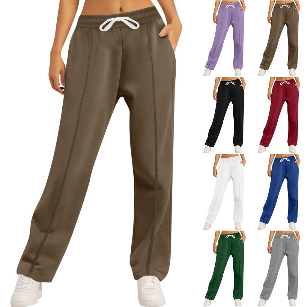 Women's High Waist Drawstring Straight Wide Leg Sweatpants Color Casual Pants