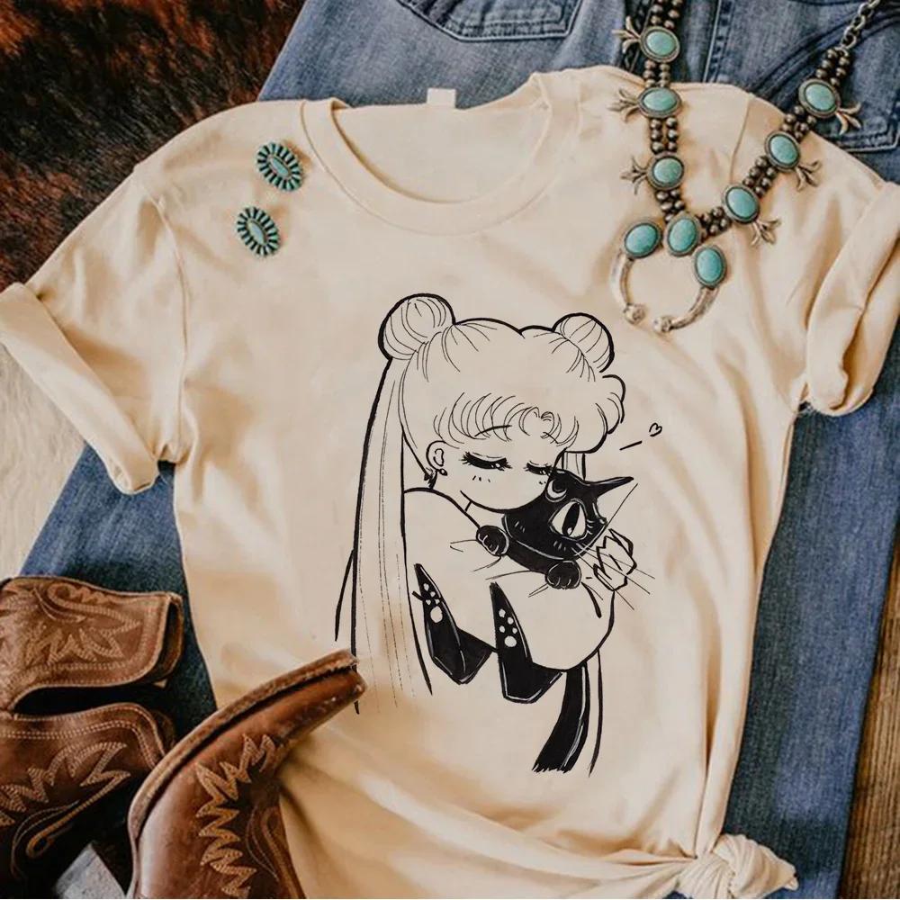 Moon Cat Tshirt Women Anime Harajuku Manga T-shirts Female Comic Graphic Japanese Clothes