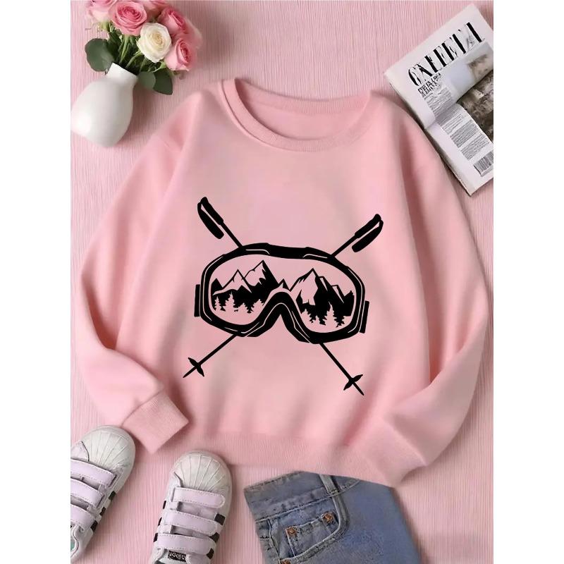Kids Unisex Crewneck Sweatshirt, Ski Goggles Mountain Forest Ski Poles Black Line Art Print Soft Fleece Pullover For Kids Over 4 Years Old