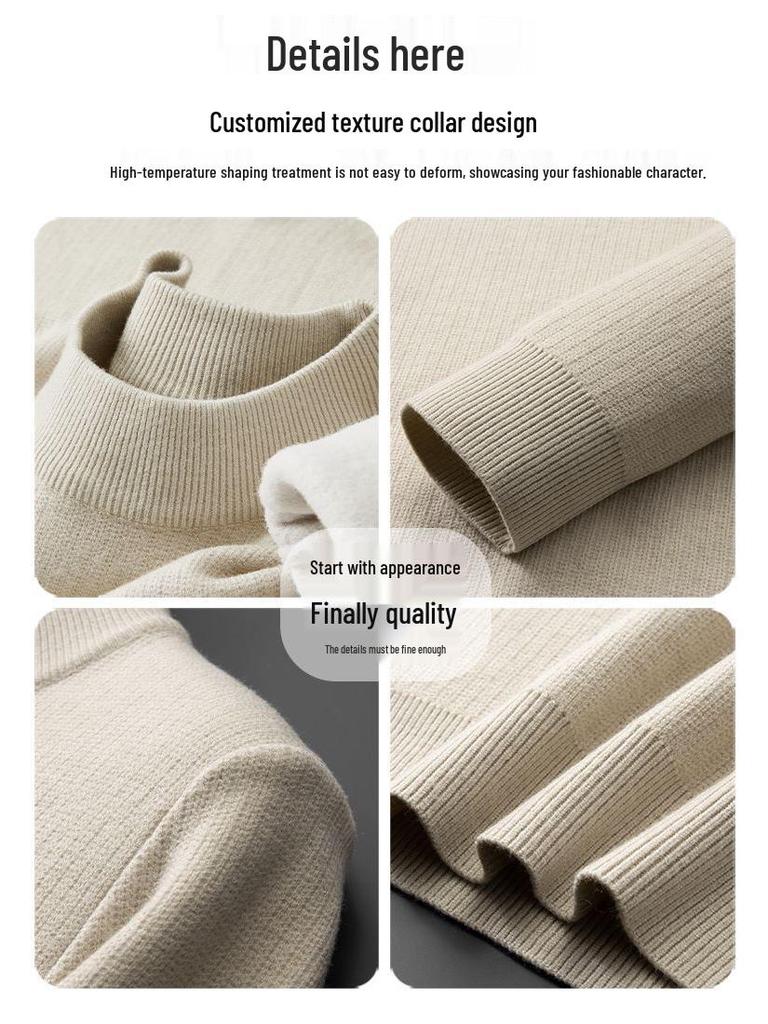Men's Plus Velvet Half-High Collar Knit Sweater - Anti-Pilling Dobby Fleece, Solid Color for Autumn/Winter