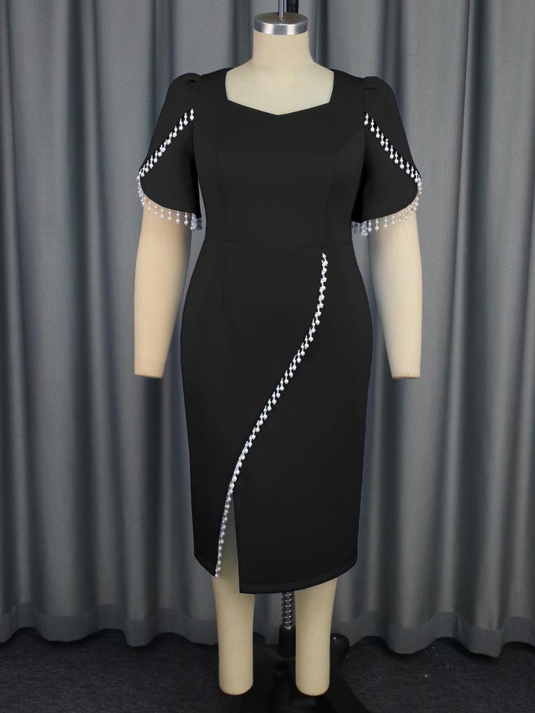 Storlek Dam Pärlbeströdd Puffärmad Fyrkantig Halsringning Elegant Bodycon-klänning