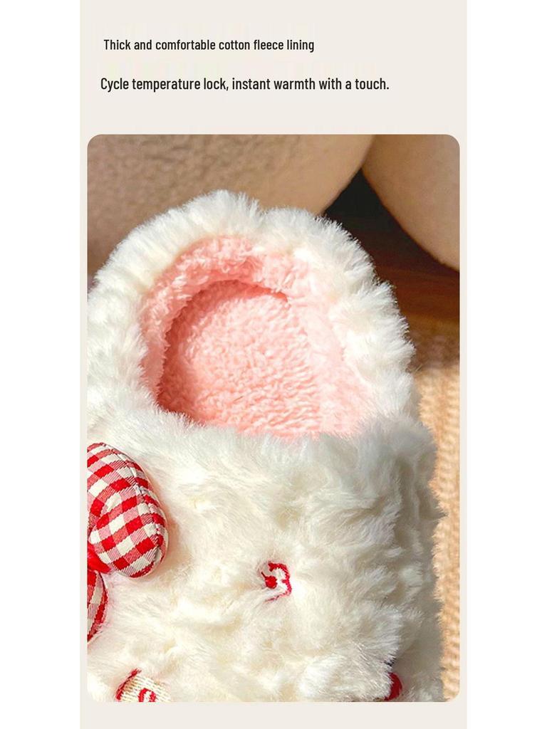Damen Winter Baumwollpantoffeln mit dicker Sohle: Süße Schleife, Flauschig, Warm, Rutschfest, Höhenverstärkend