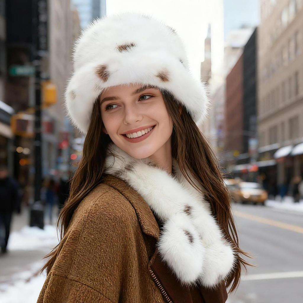 Women's Faux Mink Fur Bucket Hat Scarf Set, Classic Leopard Print Vegan Faux Fur Warm Set, Faux Fur Hat and Scarf For Winter