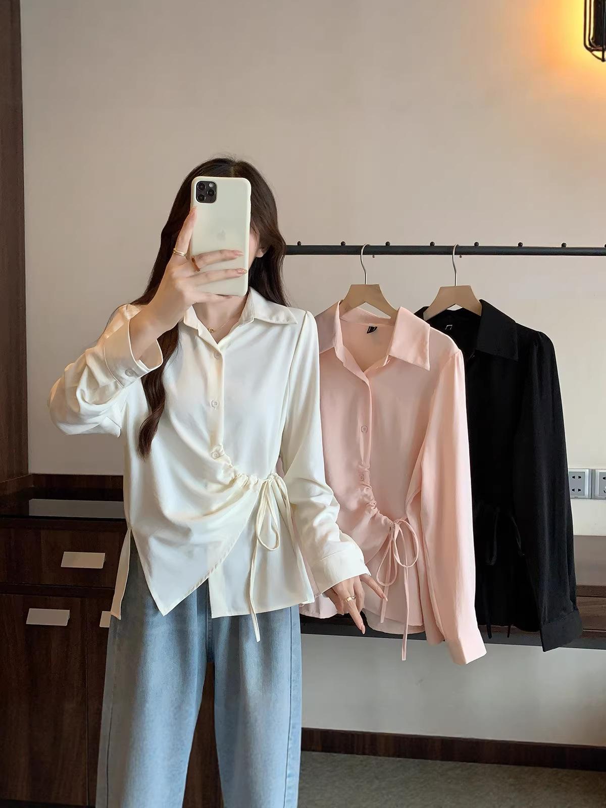 

2026 Spring Plus Size Slimming Irregular Tie-Up Shirt Top M чорний