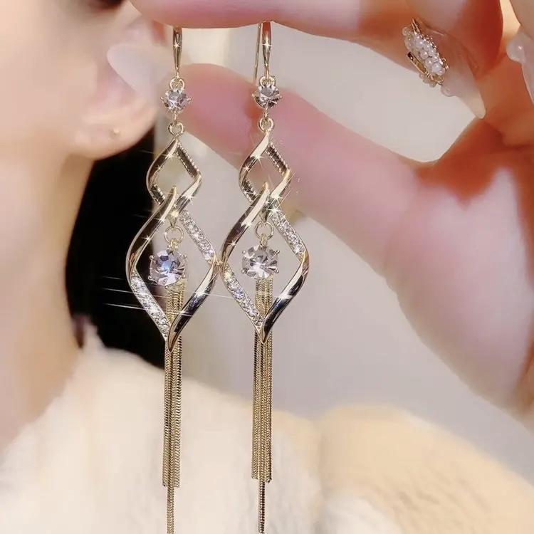 Vintage Dangle Earrings with Geometric Openwork Design and Chain Tassels Lightweight Metal Alloy Construction for Women