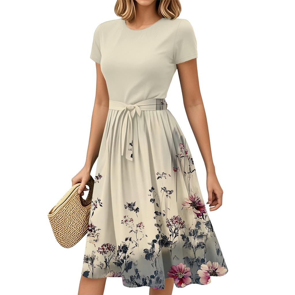Mote Dame Casual Belte Kortermet Rund Hals Geometrisk Trykk Spleiset Elegant Temperament Kjoler