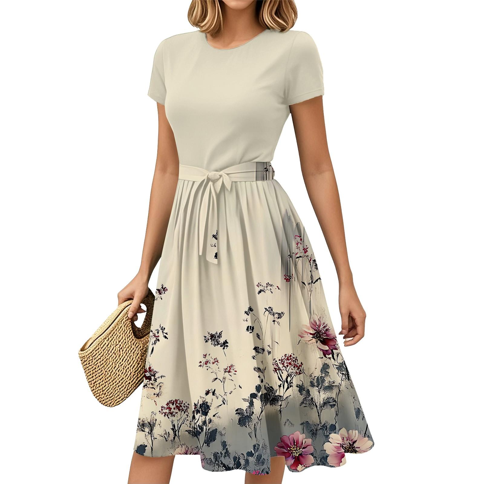 

Женская мода Повседневный пояс С коротким рукавом Круглый вырез Геометрический принт Сплайсинг Элегантные платья с темпераментом XL бежевый