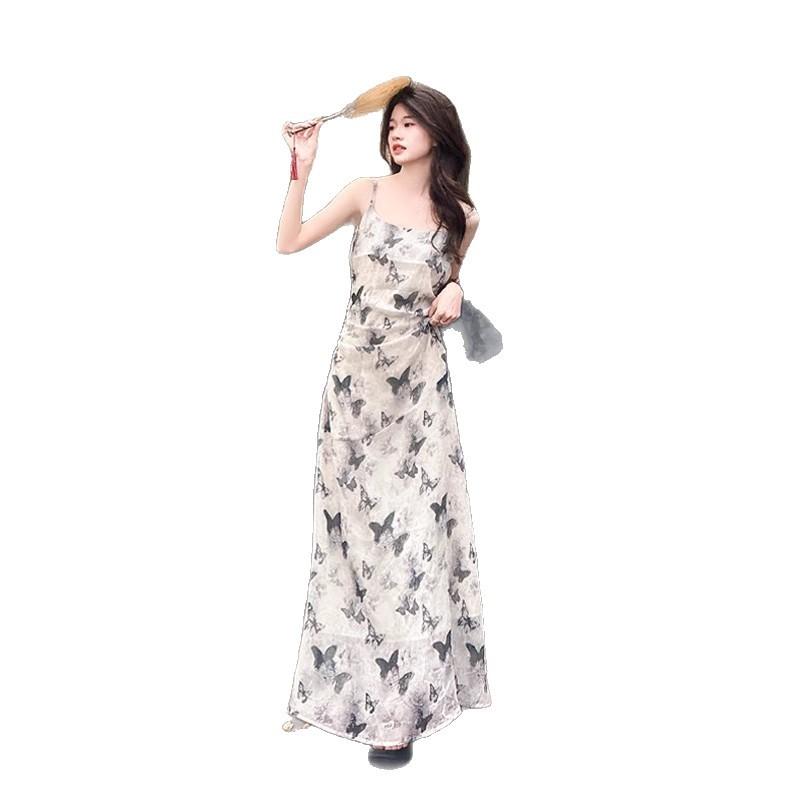 Cold Ink Butterfly Floral Suspender Dress Women's 2026 Summer New French Chic Slim Temperament Dress