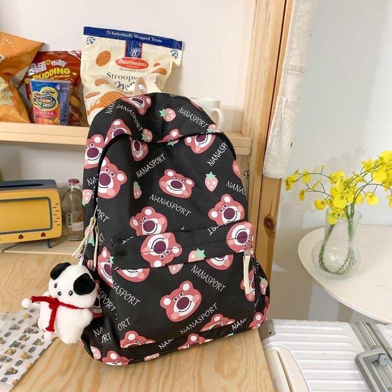

High Quality Female Backpack Ins Style Cute Bear Print Suitable For Middle School To College Soft Material Water Resistant чорний
