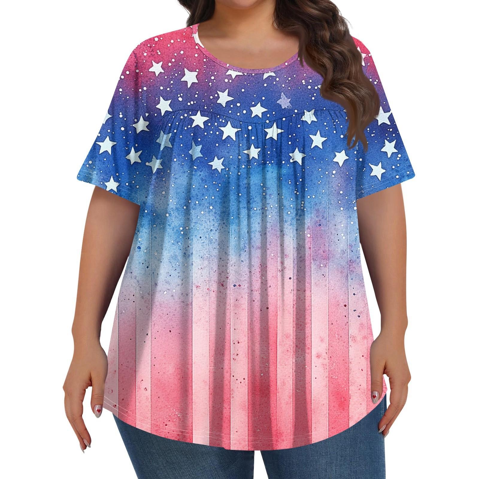 

Women s Fashion Plus-size Casual Short-sleeved Independence Day Print Crew-neck Front Pleat Top XL арбуз красный