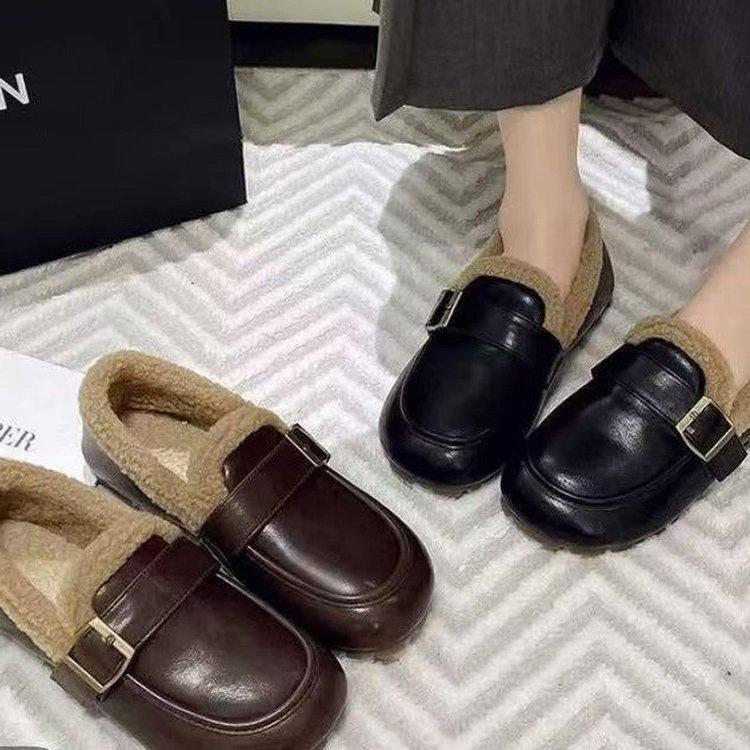 Mao Mao shoes winter Birkenstocks flat-soled soft-soled leather-faced piled beanie shoes cotton shoes