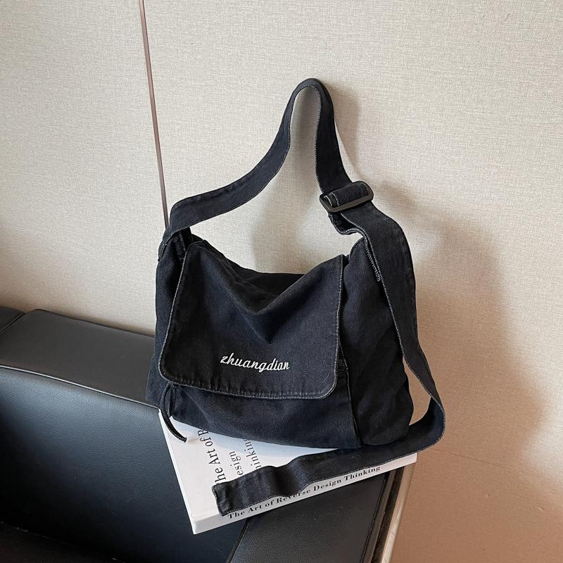 Crossbody bag women's vertical denim bag student literary versatile flip flat shoulder bag