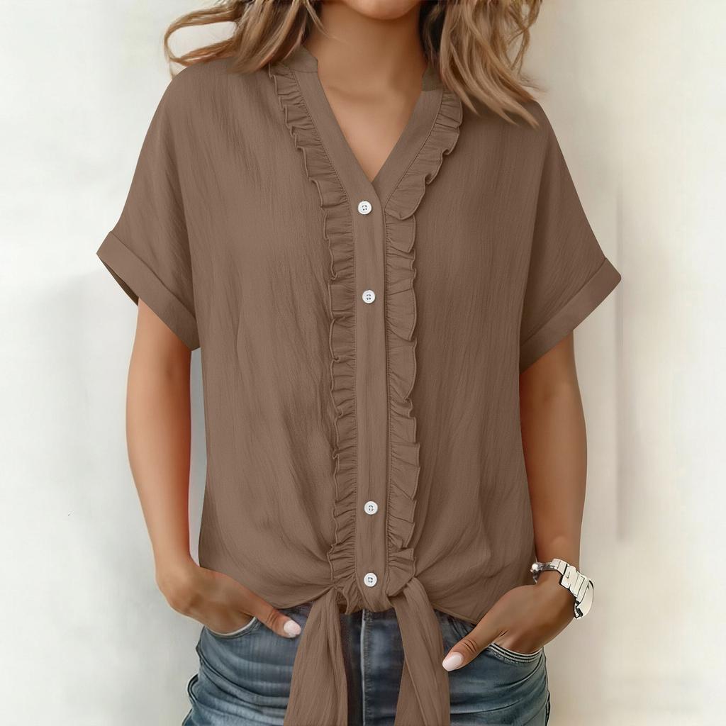 Solid Color Cotton and Linen Casual Fungus Edge Short-sleeved Button-up Shirt for Women