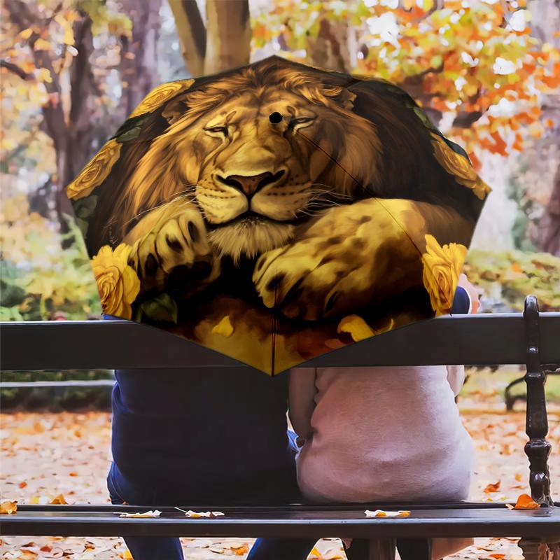 Lion and Rose pattern, automatic folding umbrella, portable and foldable design, 8 ribs, a Christmas or birthday gift.
