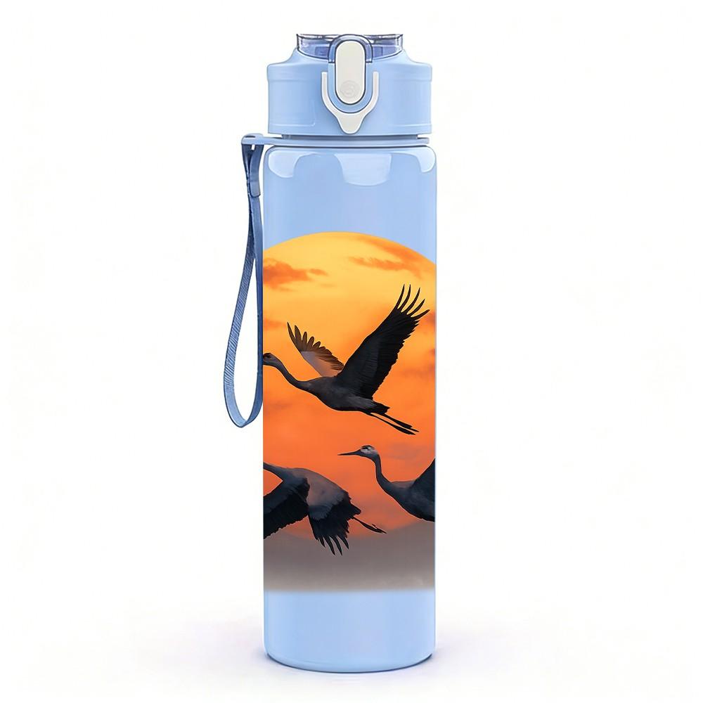 1PC Sunset Flying Eagle Pattern 750ml Color Plastic Sports Water Bottle Leakproof Flip Straw Lid Suitable for Sports Office Home Use