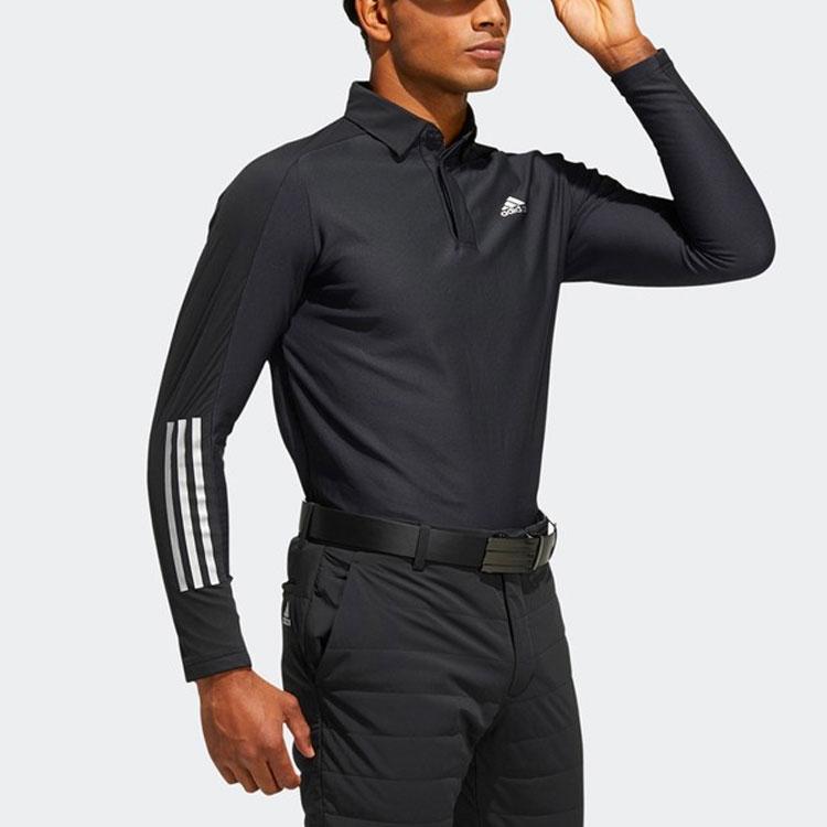 Adidas Solid Color Logo Stripe Fleece-Lined Long Sleeve Golf Polo Men Tops Black GT3424
