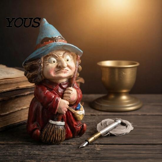 Halloween Party Decoration Witch on Broomstick Resin Figurine, Gnome Statue with Wizard Hat, For Shelf Vintage Spooky Decor for Desk Table,