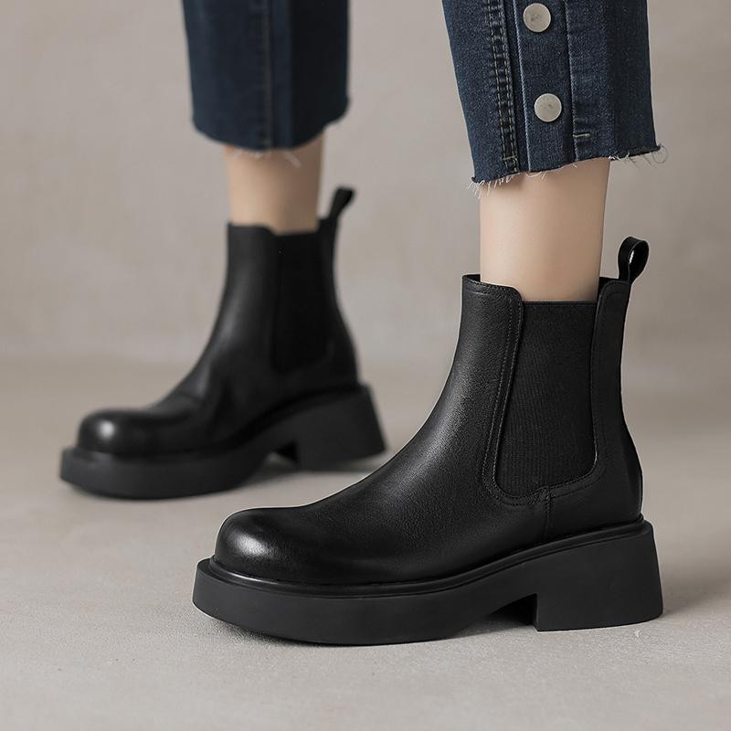 

Fashion 2024 New Genuine Leather Winter Women Boots Brogues Platform Motorcycle Boots Ankle Boots Retro Cowhide Slip-on Ladies Shoes 34 (US 4) чёрный