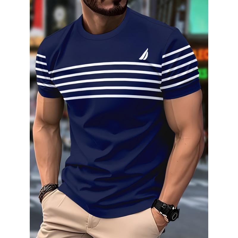 3D-Printed Color-Striped Men's T-Shirt Ship Anchor Pattern Short-Sleeve T-Shirt Harajuku Street Style Round-Neck T-Shirt Apparel