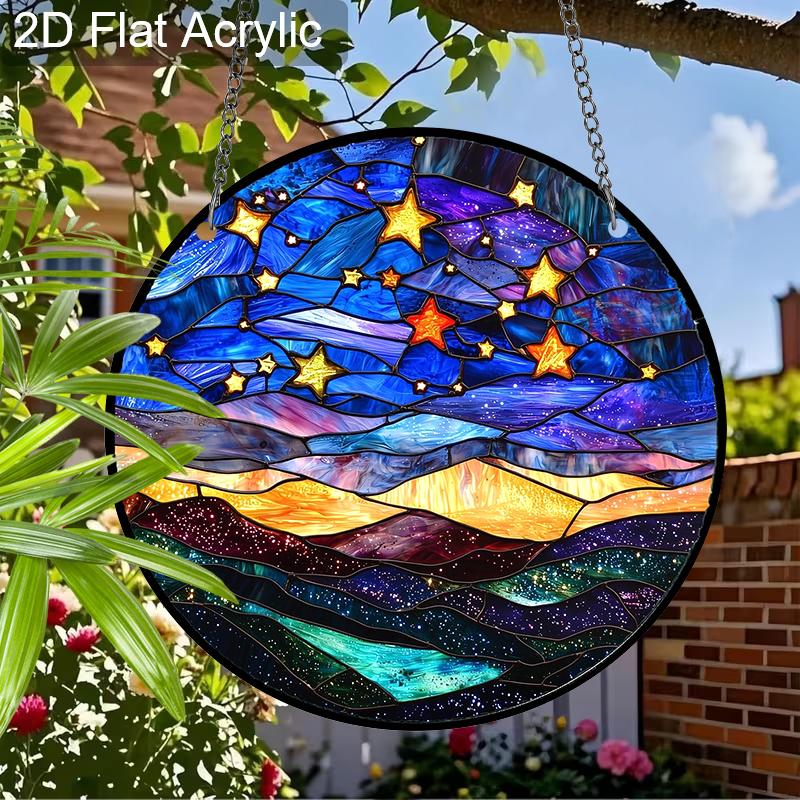 Acrylic Starry Night Sky and Mountains Suncatcher, Stained Glass Style Window Hanging Ornament for Celestial and Landscape Lovers