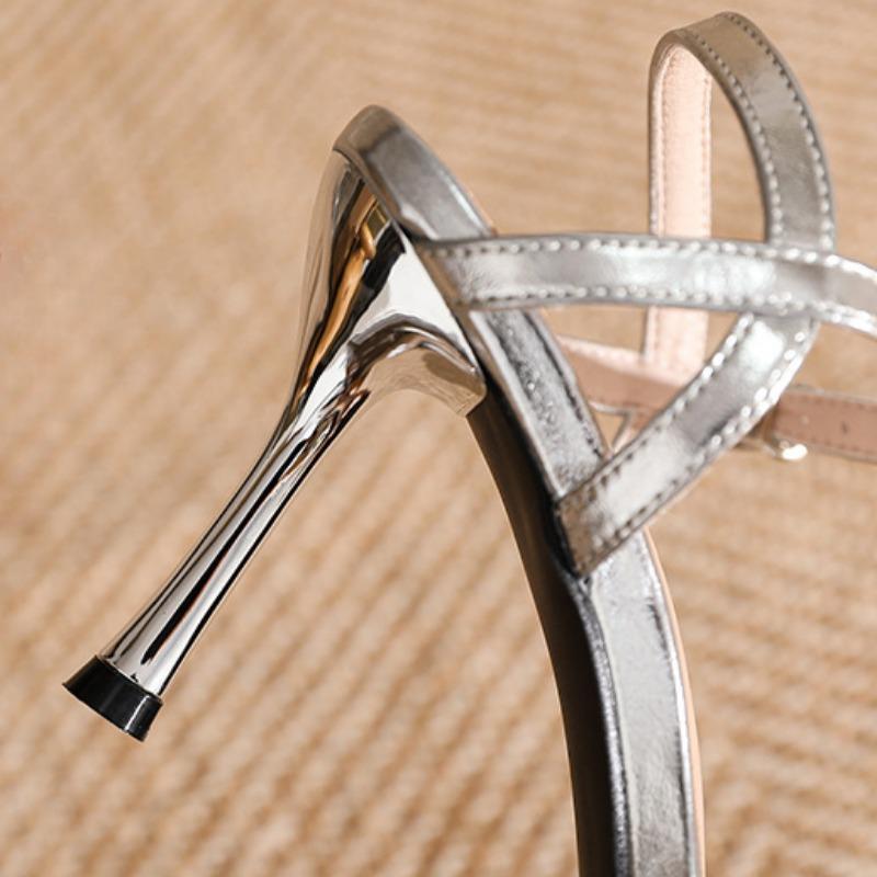 Summer New Open Toe Stiletto Sandals High Heels Plus Size and Width Silver Temperament Women's Shoes