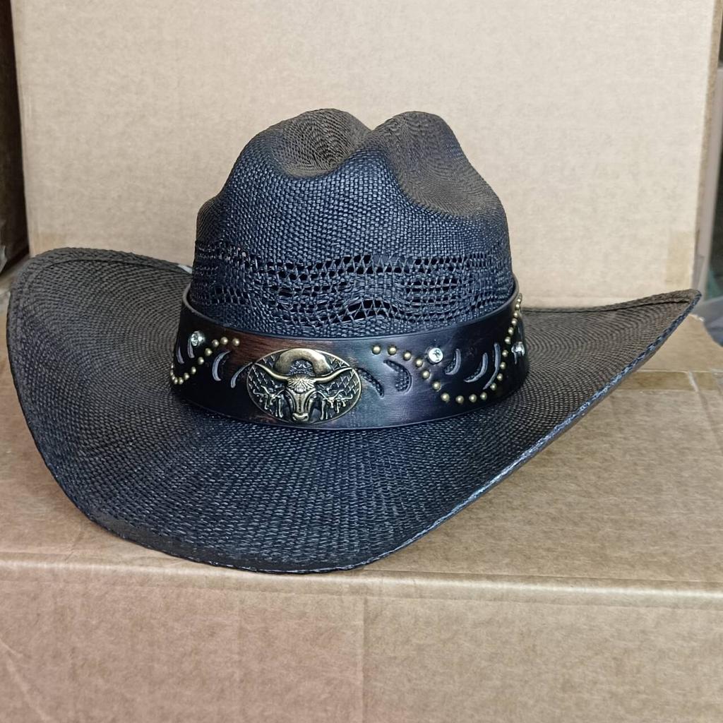 Straw Cowboy Hat Wide Brim Bull-Hide Bangora Women Pasture Straw Hat Cowboy Comfort Band Solid Summer Sombrero