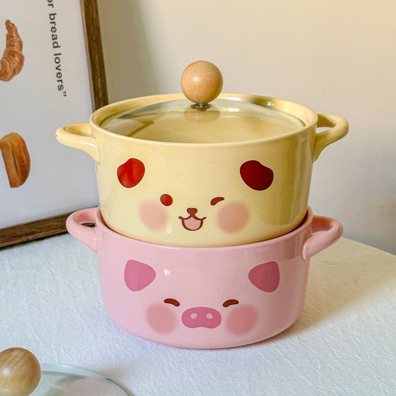 Baifenbai Home Furnishing Cream/Pink Korean Ins Ceramic Instant Noodle Bowl With Lid, Instant Noodle Bowl For Student Dormitory, Cute Screw Powder Bowl, Binaural Soup Bowl