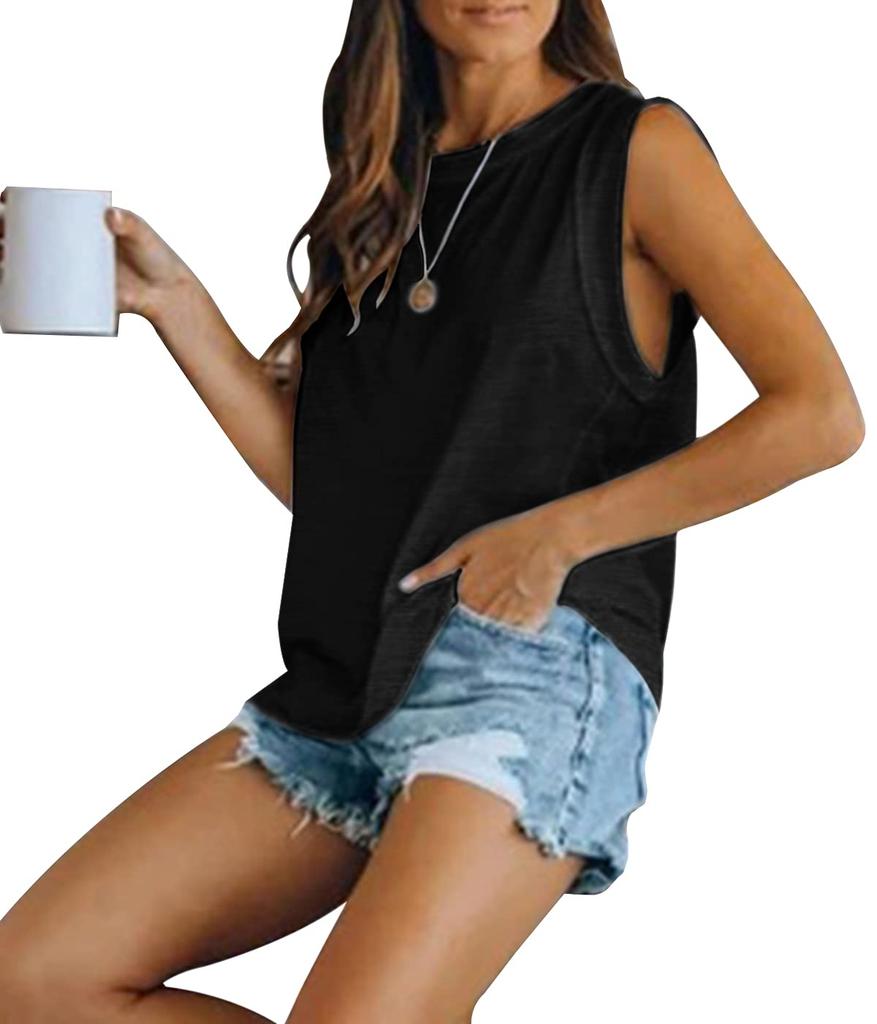 Top de vară fără mâneci pentru femei, cu gât rotund, croială largă, tricou de bază