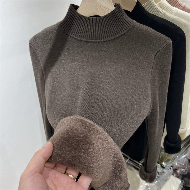 Herbst- und Winter-Halbrollkragenpullover Damen verdickt integriertes Fleece warmes Innenoberteil einfaches einfarbiges gestricktes Unterhemd