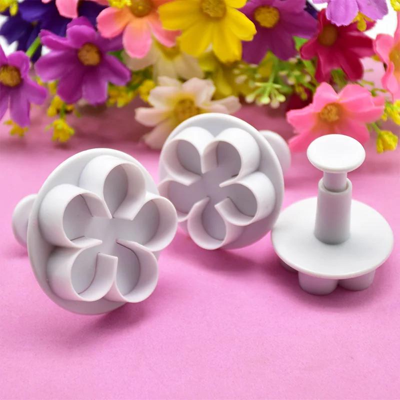 3Pcs Flower Plunger Cookie Cutter DIY Blossom Flower Cake Fondant Mold Plastic Cake Decorating Tools Baking Accessories